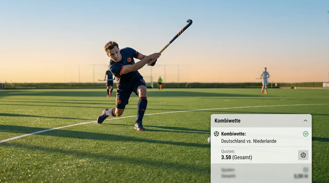 Feldhockey Kombiwetten Ratgeber: Spieler im Schusskreis mit Wettschein-Overlay für deutsche Sportwetter